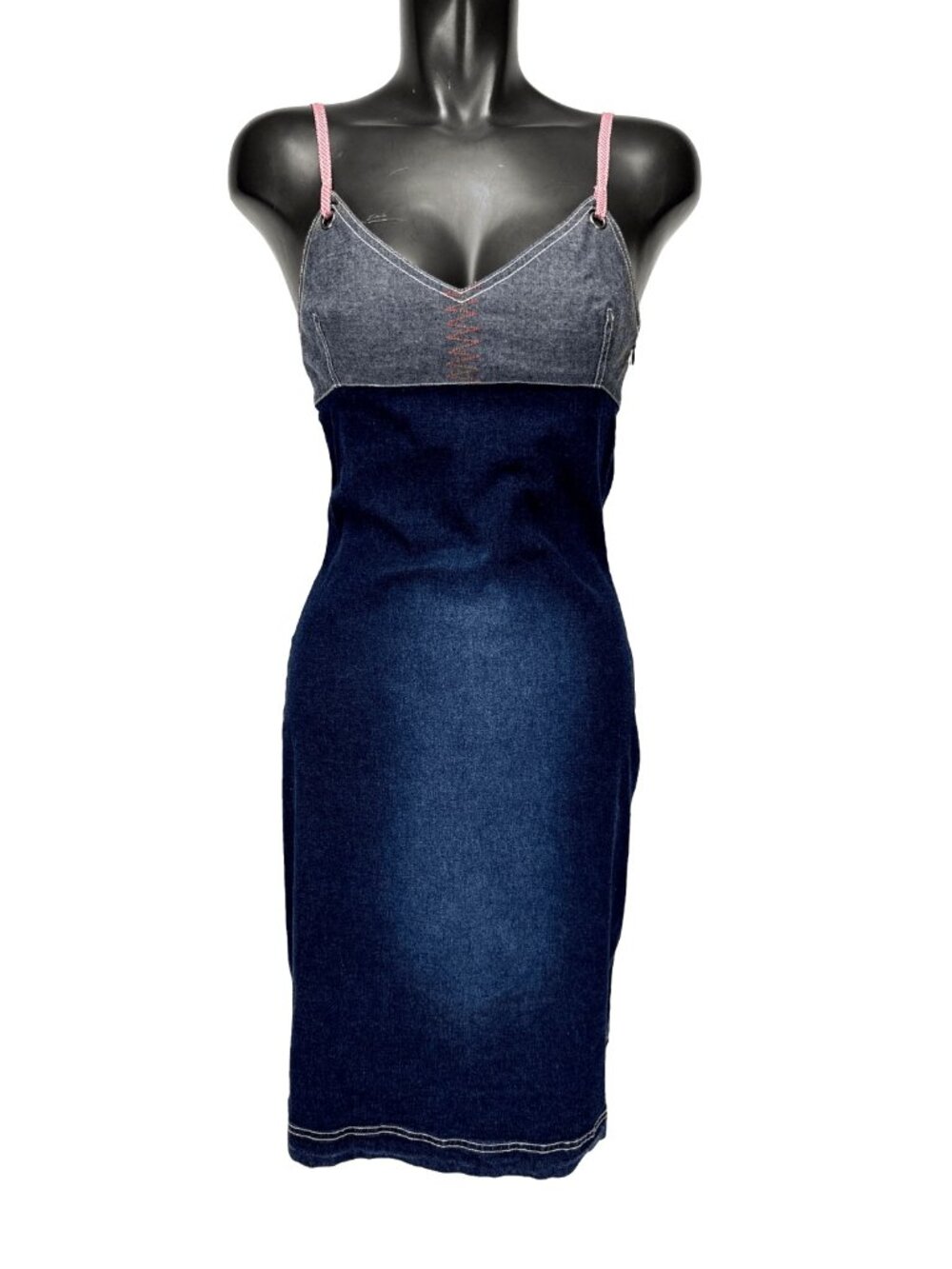 DEX Vintage Y2K 90's Spaghetti Strap Gingham Denim Blue Pencil Dress S/M